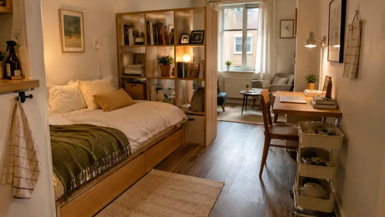 Studio apartment layout showing a bed with built-in storage drawers next to an open grid bookshelf used as a room divider, with a small desk setup on the right.