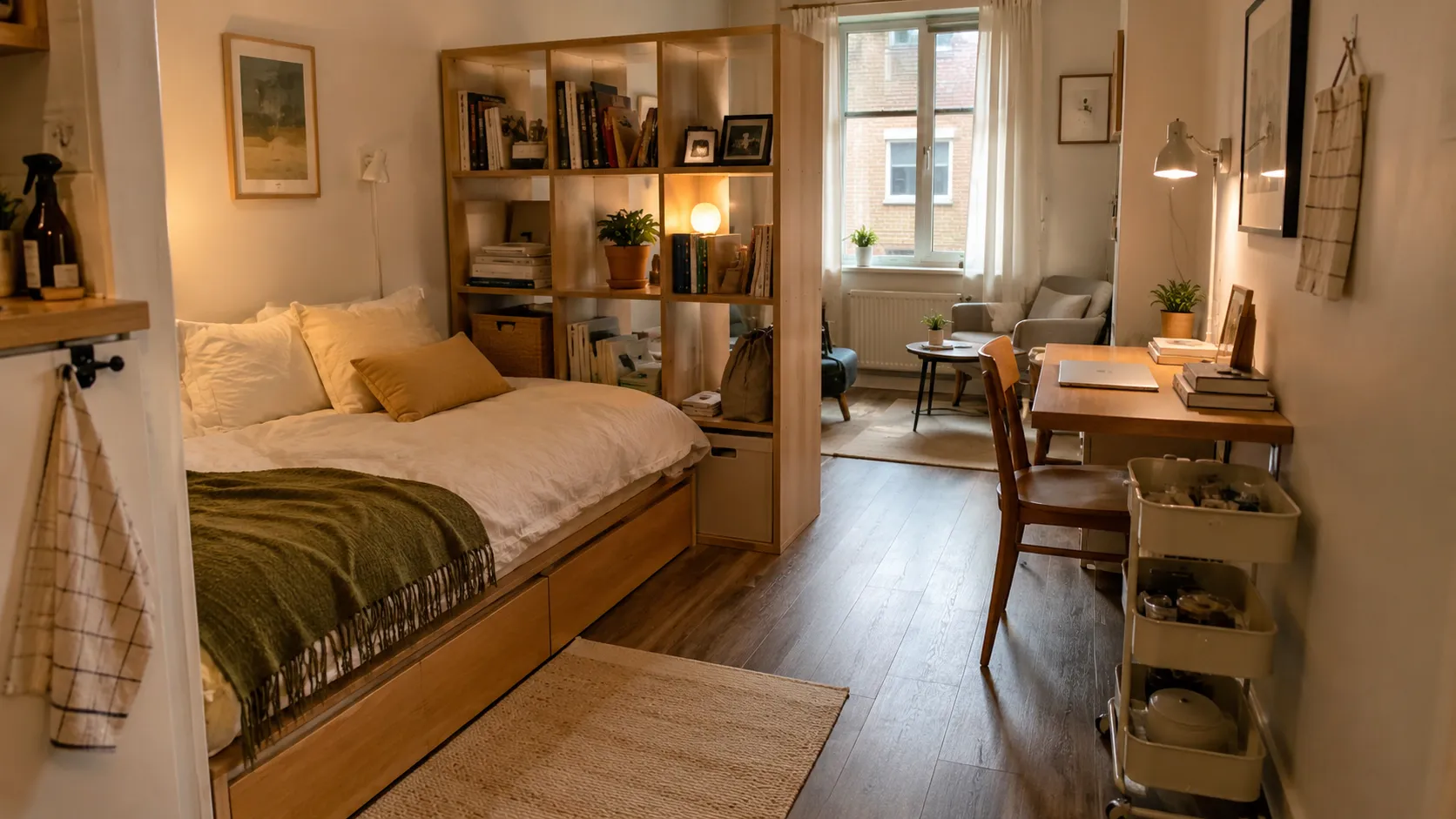 Studio apartment layout showing a bed with built-in storage drawers next to an open grid bookshelf used as a room divider, with a small desk setup on the right.