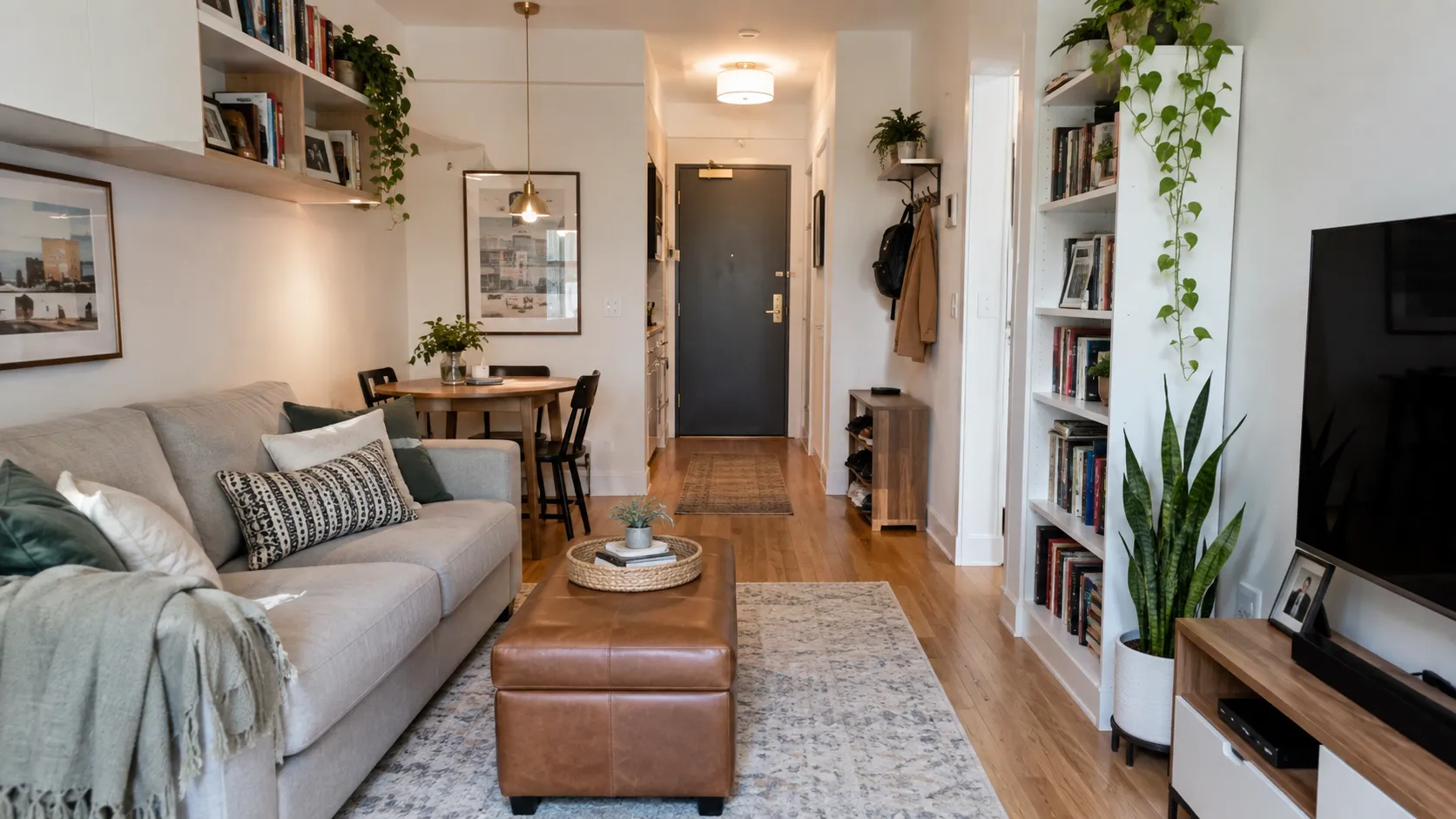 Bright, open-concept studio apartment featuring a grey sofa, a brown leather ottoman, a tall white bookcase, and a dining table leading toward the front entrance.