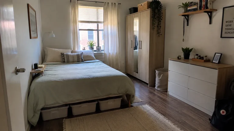 Bright bedroom with a bed with sage green bedding, plastic storage bins underneath, a wooden wardrobe, and a white six-drawer dresser.