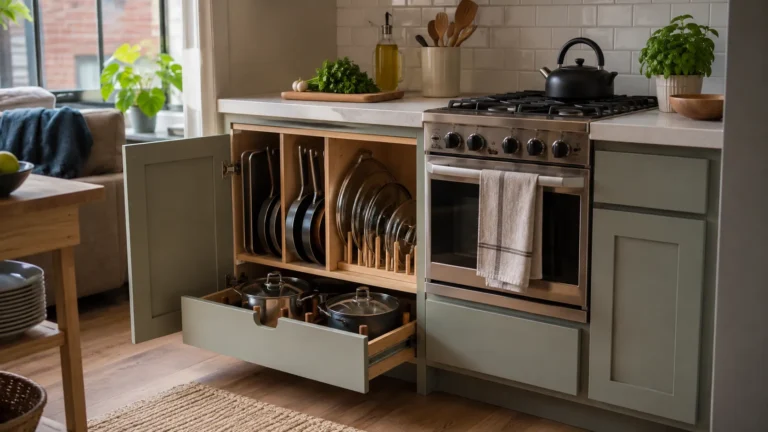 Open sage green lower kitchen cabinet next to an oven, customized with vertical slots for baking sheets and frying pans, a peg organizer for pot lids, and a pull-out bottom drawer holding stock pots.