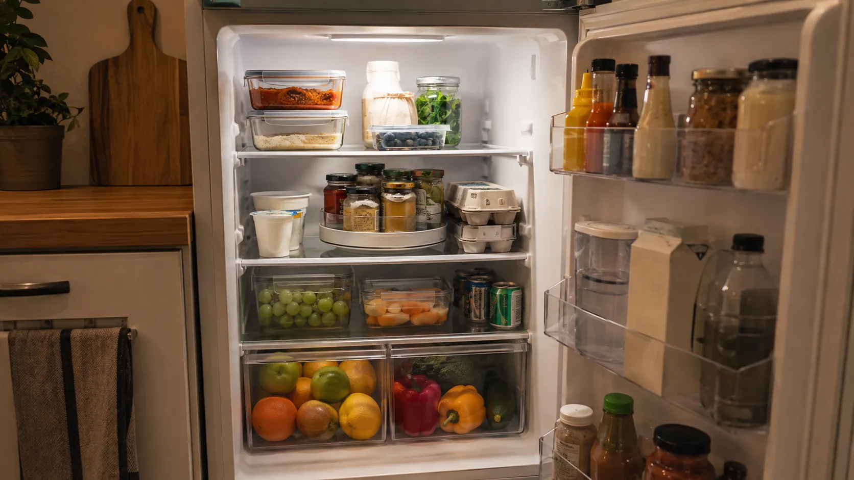 Open refrigerator glowing inside, neatly organized with clear glass food containers, a lazy Susan turntable for condiments, and clear bins for fresh produce.