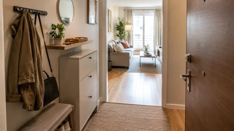 Small entryway featuring a slim white shoe cabinet, wall-mounted coat hooks holding a jacket and purse, a small upholstered bench, and a view into an adjoining living room.