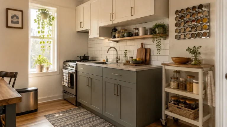 Modern small kitchen featuring white upper cabinets, dark grey lower cabinets, a magnetic wall spice rack, and a rolling wooden utility cart.