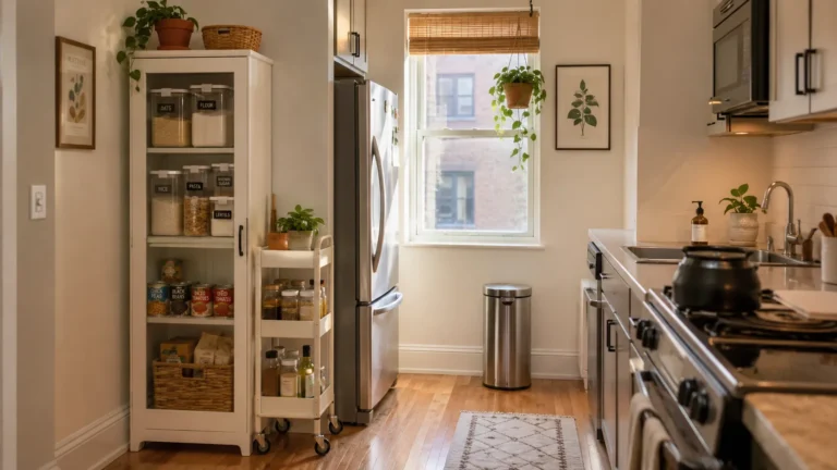 Bright kitchen featuring a tall white glass-front pantry cabinet filled with labeled food containers next to a stainless steel refrigerator and a rolling utility cart.