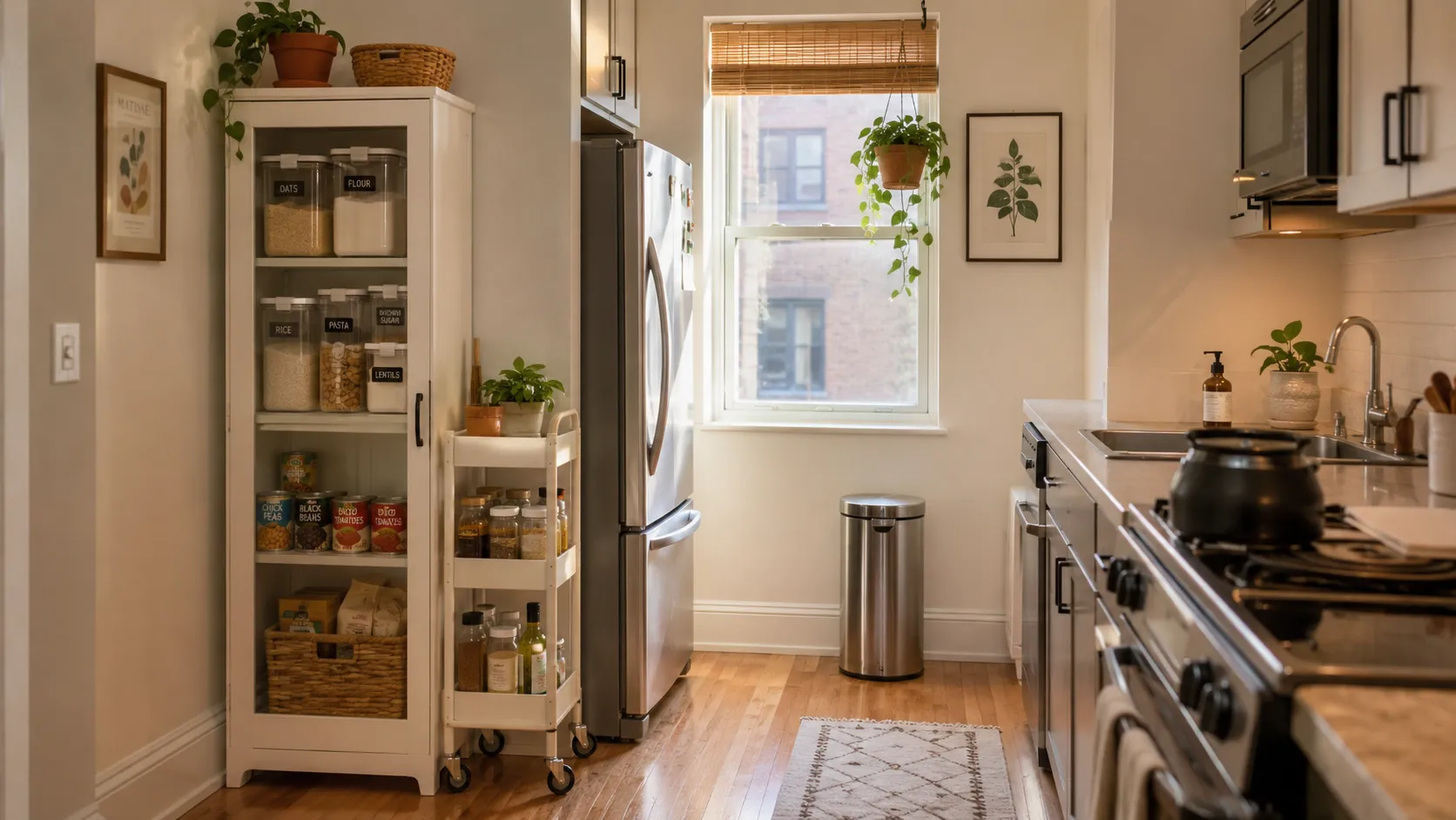 Bright kitchen featuring a tall white glass-front pantry cabinet filled with labeled food containers next to a stainless steel refrigerator and a rolling utility cart.