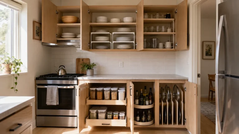 Fully open upper and lower wooden kitchen cabinets showing shelf risers for plates, pull-out storage drawers, a Lazy Susan for oils, and a vertical pot lid organizer.