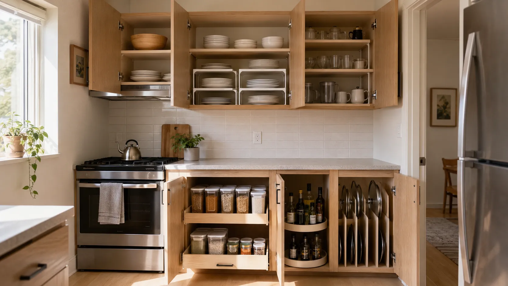 Fully open upper and lower wooden kitchen cabinets showing shelf risers for plates, pull-out storage drawers, a Lazy Susan for oils, and a vertical pot lid organizer.