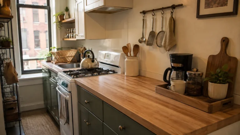 Cozy kitchen featuring dark green lower cabinets, wooden butcher block countertops, wall-mounted utensil rack, and coffee maker setup near a bright window.