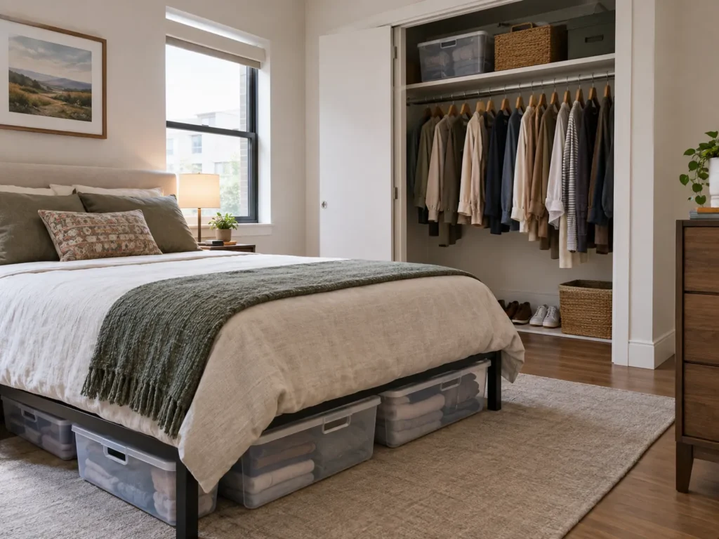 Bedroom setup showing clear plastic storage bins filled with folded clothes under the bed frame, alongside an open closet with organized hanging shirts and shoes.