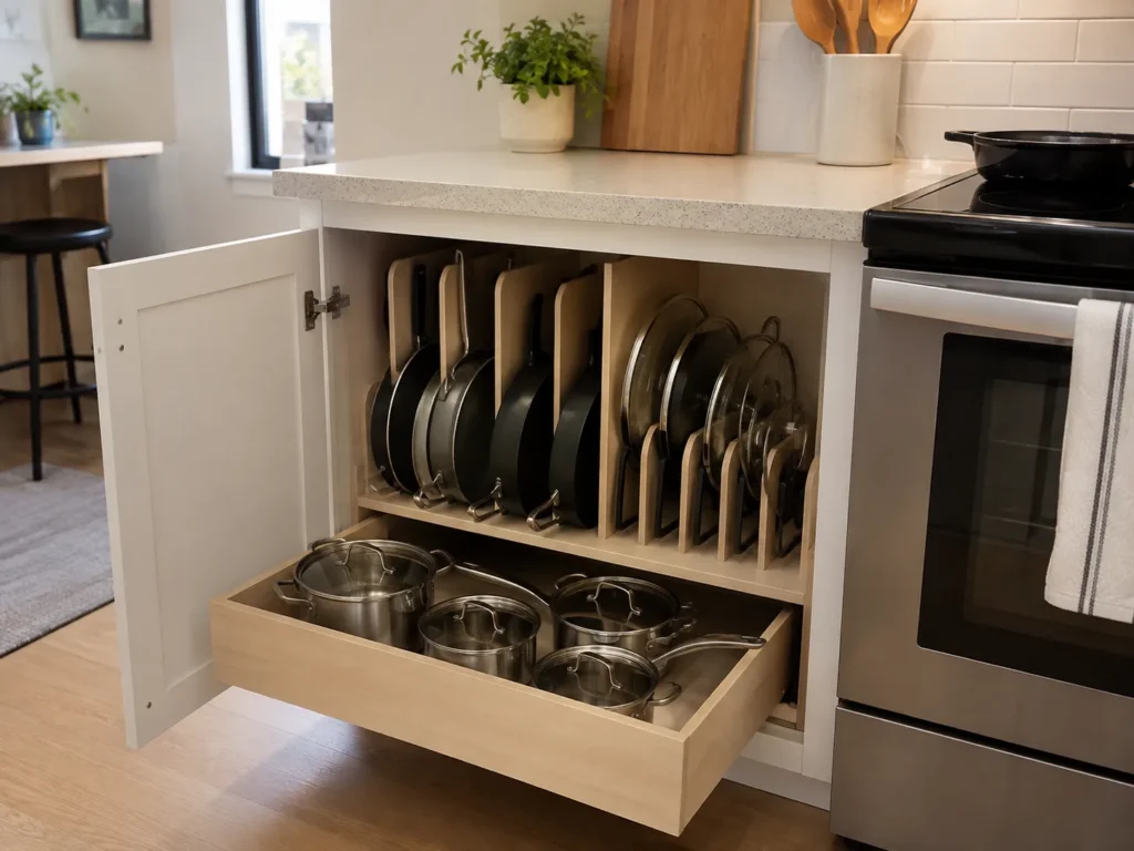 White lower kitchen cabinet featuring vertical dividers for frying pans and pot lids above a pull-out drawer loaded with stainless steel cookware.