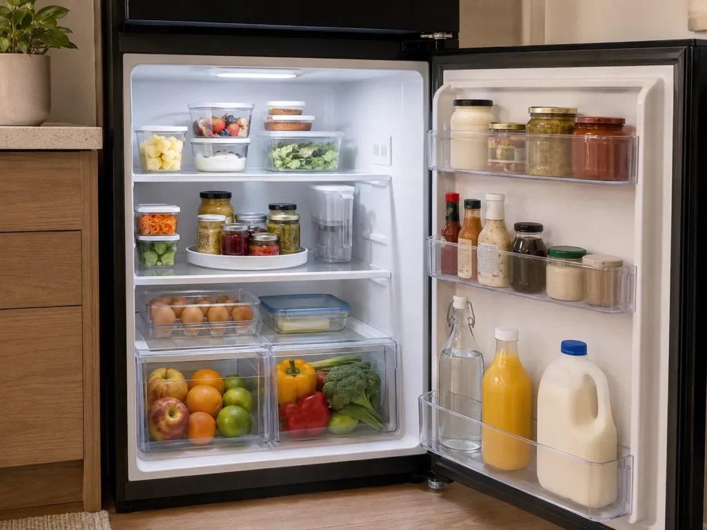 Fully stocked compact refrigerator with labeled door shelves, transparent produce drawers containing fruit and vegetables, and organized glass containers on glass shelves.