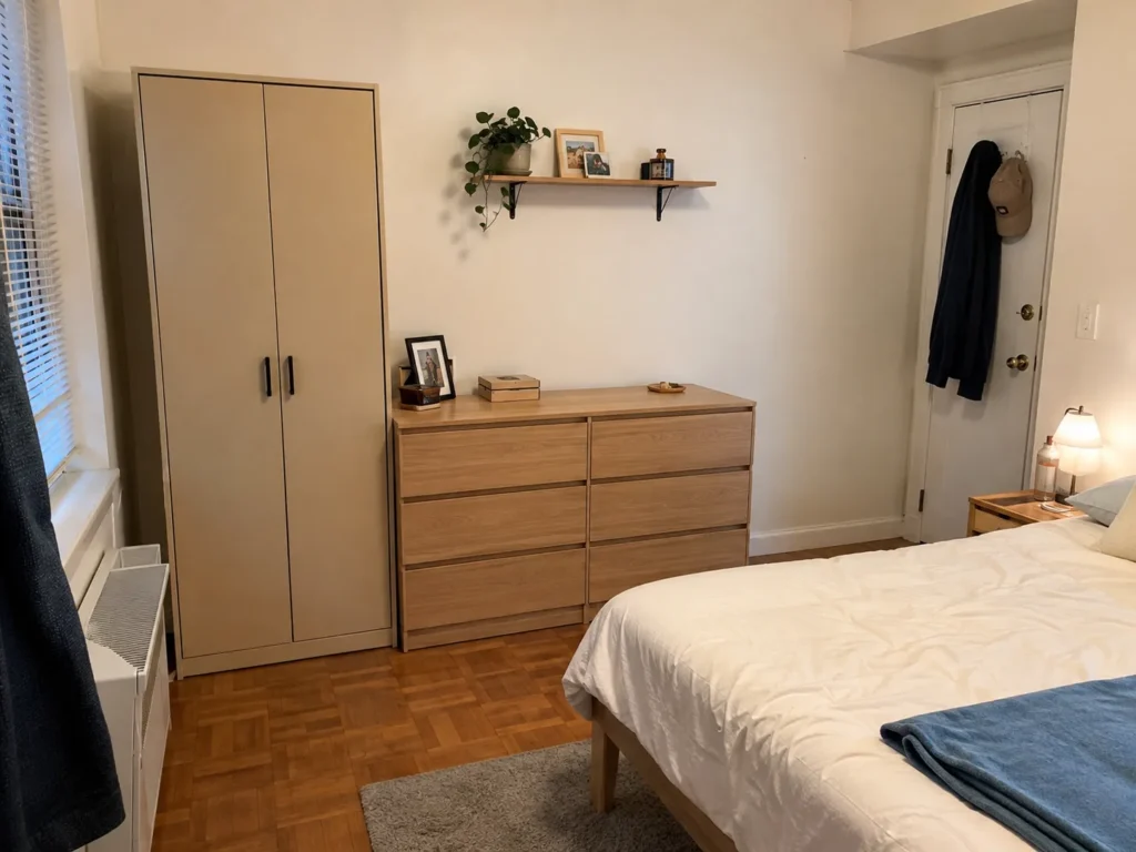 Bedroom with parquet flooring showing a double bed, a six-drawer wooden dresser, and a tall standalone wardrobe.