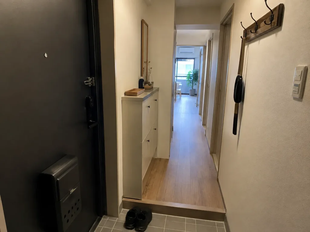 Apartment entrance viewed from the dark front door, looking down a long, narrow hallway lined with a slim shoe cabinet, a small wall mirror, and coat hooks.