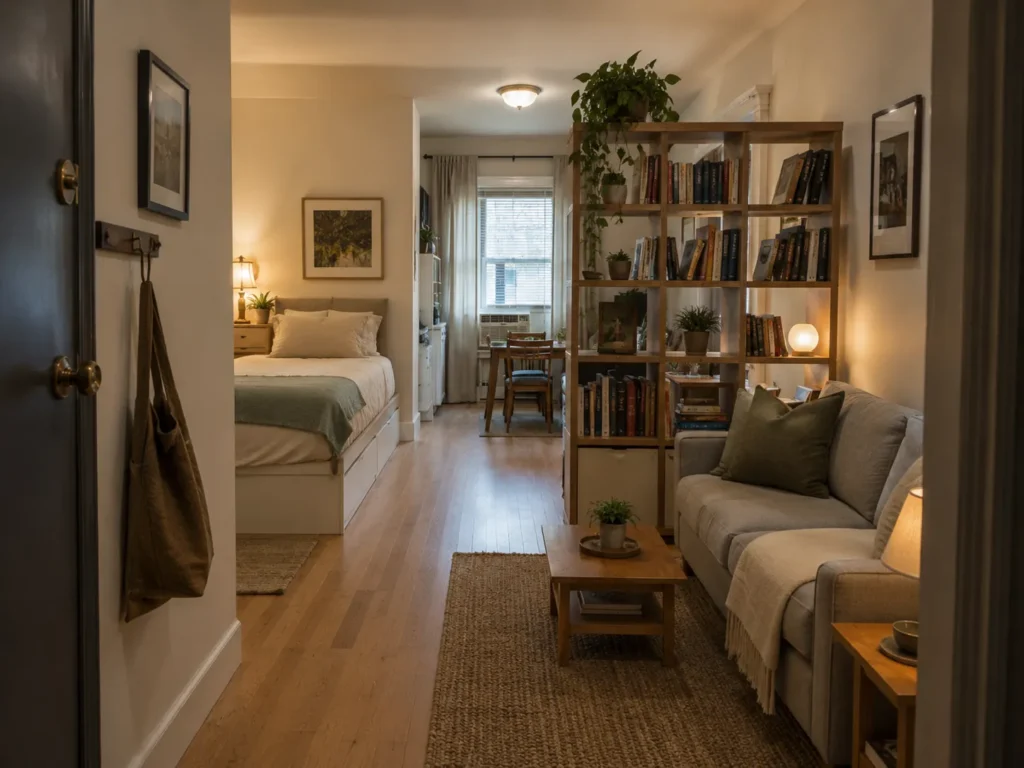 Studio space partitioned by a tall open bookshelf, separating a sleeping nook with a bed from a living area with a grey couch and wooden coffee table.