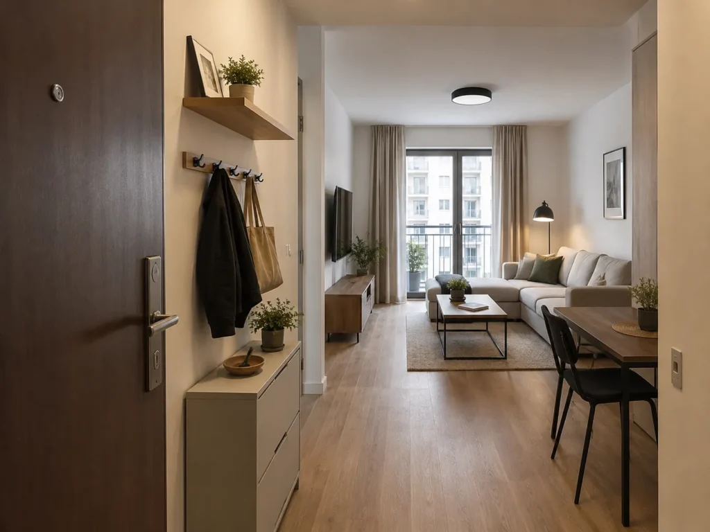 View looking down an apartment entrance hallway past a low grey shoe cabinet and wall hooks into an open-plan living room with a couch and balcony door.