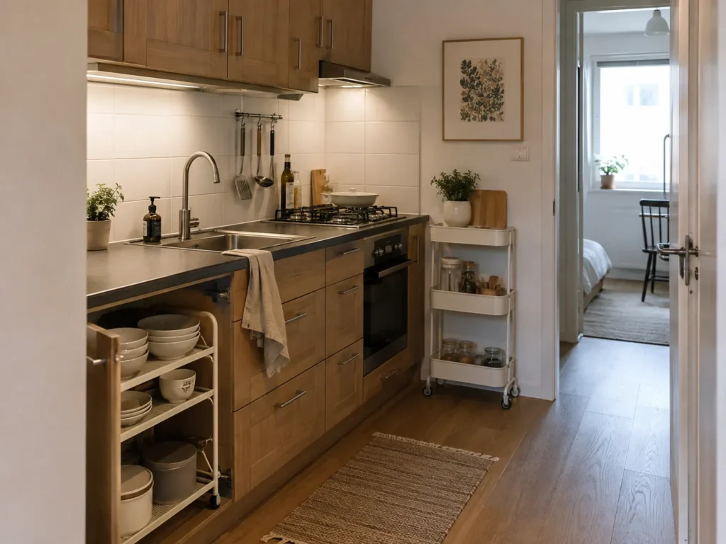 Organized galley kitchen with light wooden cabinets, under-cabinet lighting, a pull-out shelf organizer, and a white utility cart near the entryway.