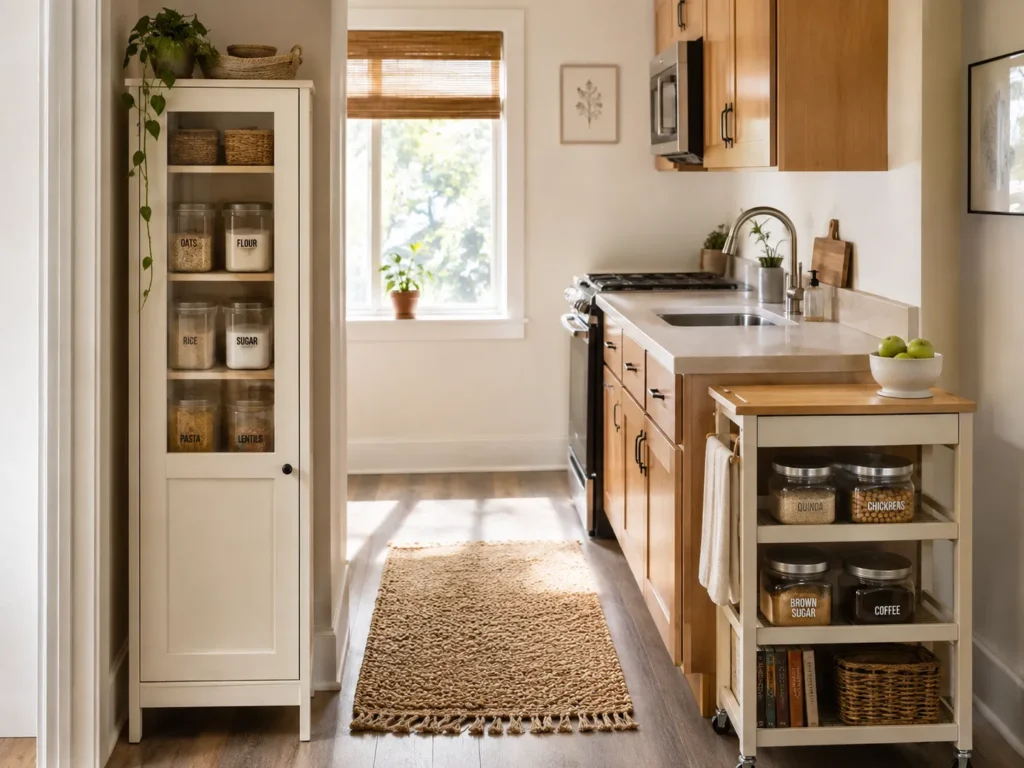 Narrow kitchen view showing a freestanding white pantry cabinet next to a kitchen island cart with clear storage jars on its shelves.