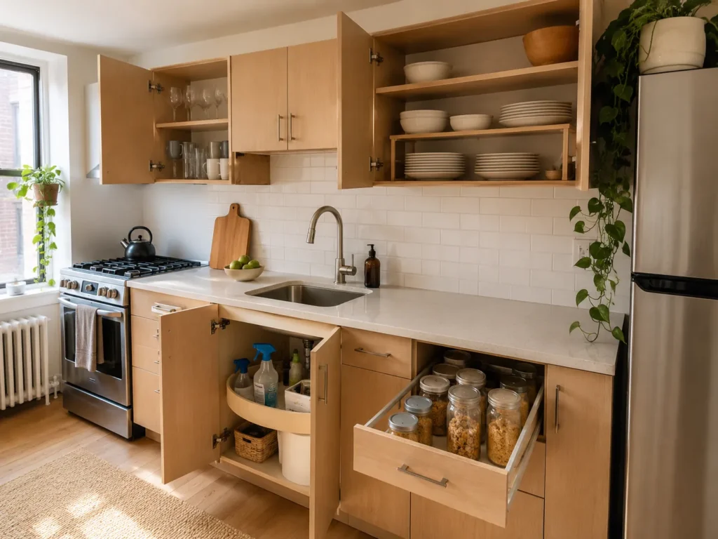 Light wood kitchen featuring open upper cabinets organized with dishes and lower cabinets fitted with a two-tier Lazy Susan for cleaning supplies and a deep drawer holding food jars.