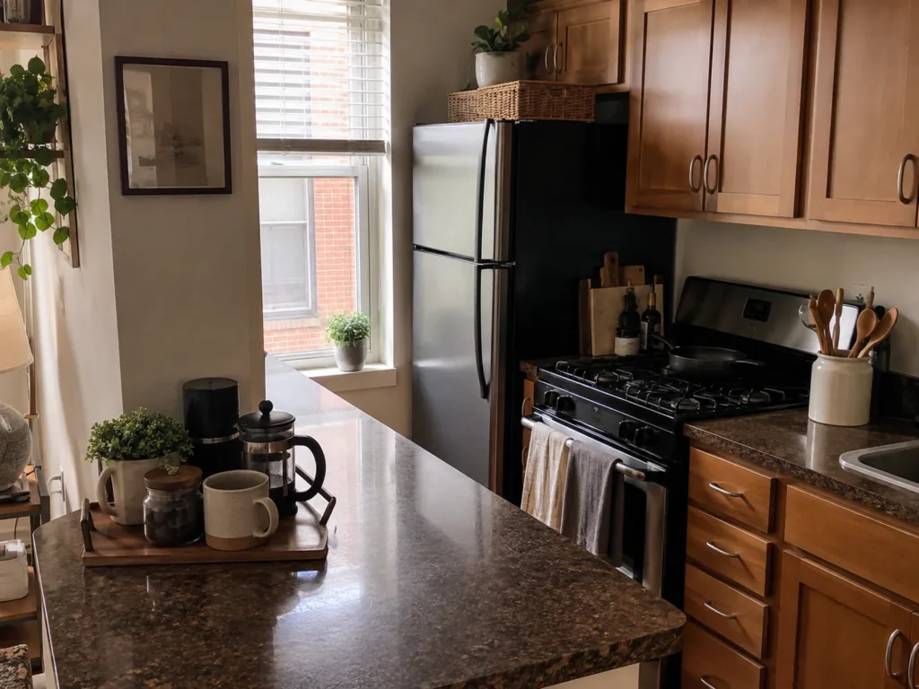 Warm kitchen setup showing warm wood cabinets, dark granite countertops, and a dedicated coffee tray station with a French press and ceramic mug.