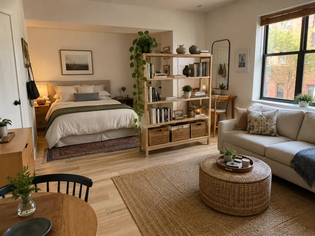Studio apartment layout separated by a light wood bookshelf, featuring a bed with neutral bedding on one side and a grey couch with a woven ottoman coffee table on the other.