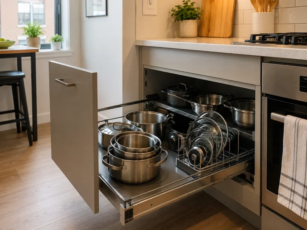 Deep pull-out kitchen cabinet drawer fitted with wire organizer racks holding stacked stainless steel pots, saucepans, and glass lids.