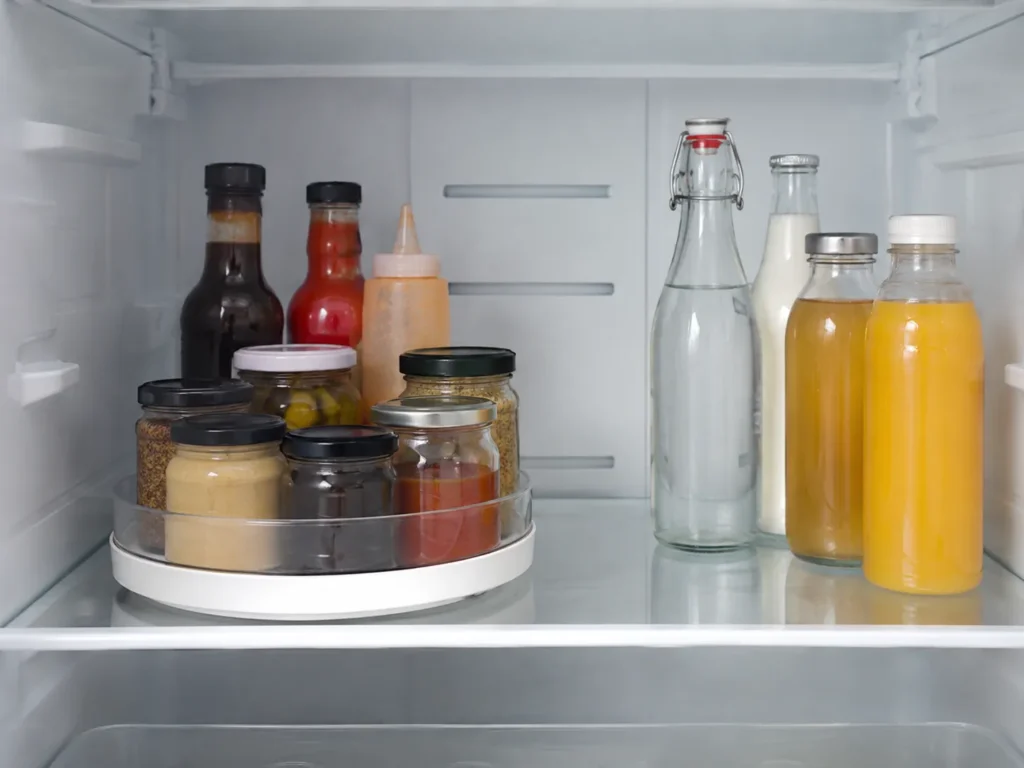 Close-up view of a clear lazy Susan turntable holding sauce jars and condiments inside a refrigerator next to glass beverage bottles.