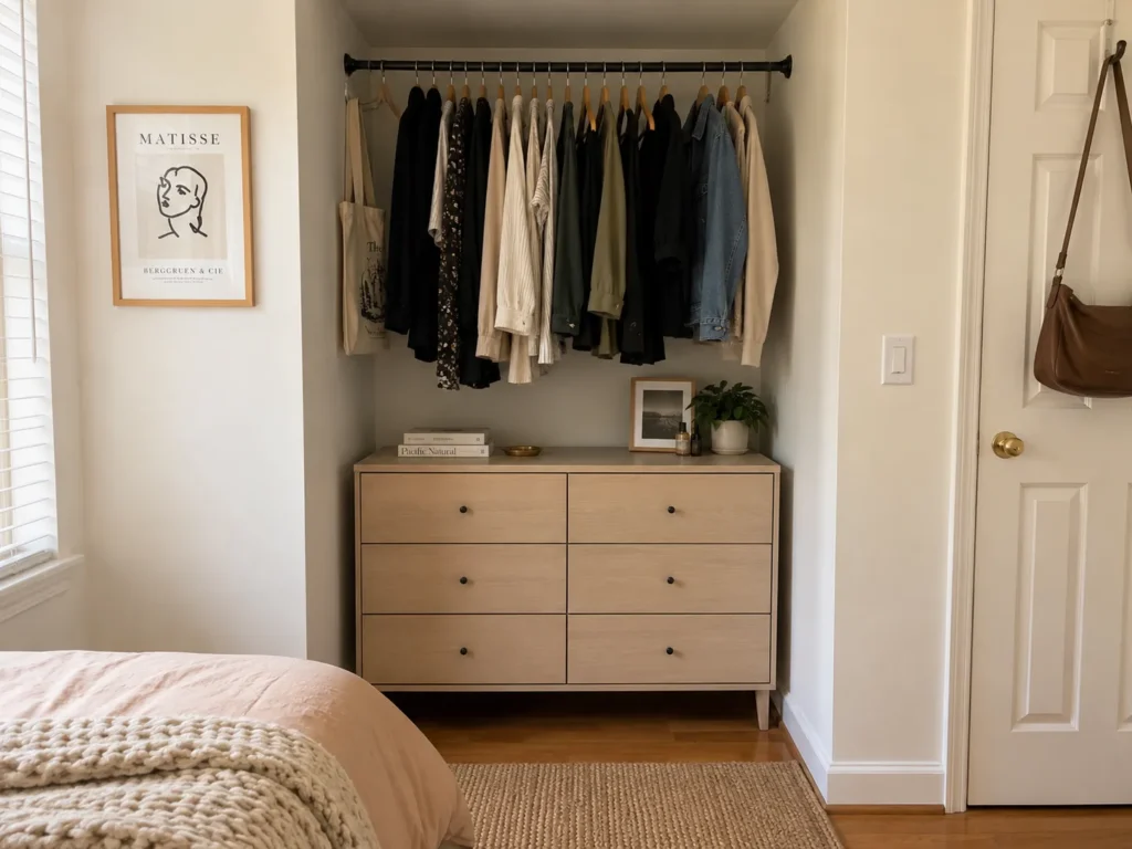 Recessed closet niche with a clothing rod for hanging shirts above a light wood six-drawer dresser.
