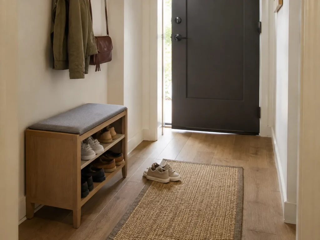 Wooden entryway bench with a grey padded seat and built-in shoe rack, placed next to a textured jute runner rug and a dark front door.