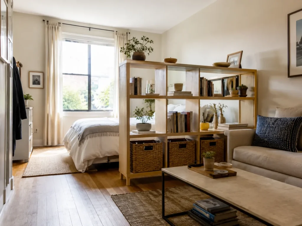 Bright studio apartment living area featuring a light beige sofa and coffee table, separated from a bedroom space by a low wooden grid bookcase.
