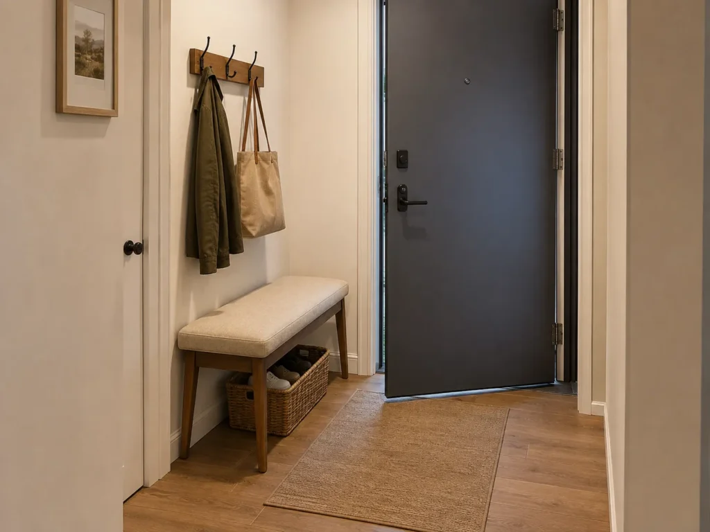Entryway area next to an open front door featuring a padded wooden bench with a shoe basket underneath and coat hooks mounted on the wall.