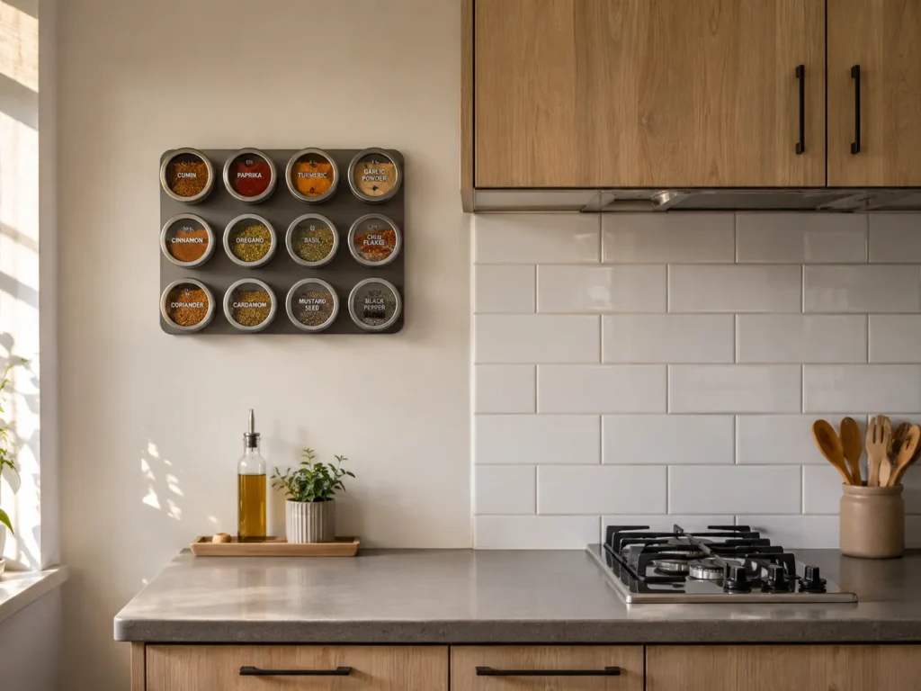 Close-up of a kitchen counter with a gas stove, subway tile backsplash, and a wall-mounted magnetic rack holding labeled spice tins.