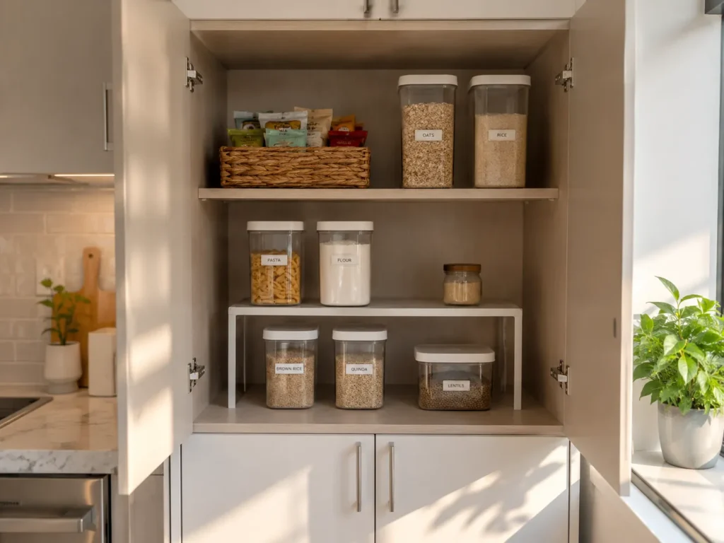 Open upper kitchen cabinet organized with labeled clear plastic food storage containers and a white shelf riser for double-tiered storage.