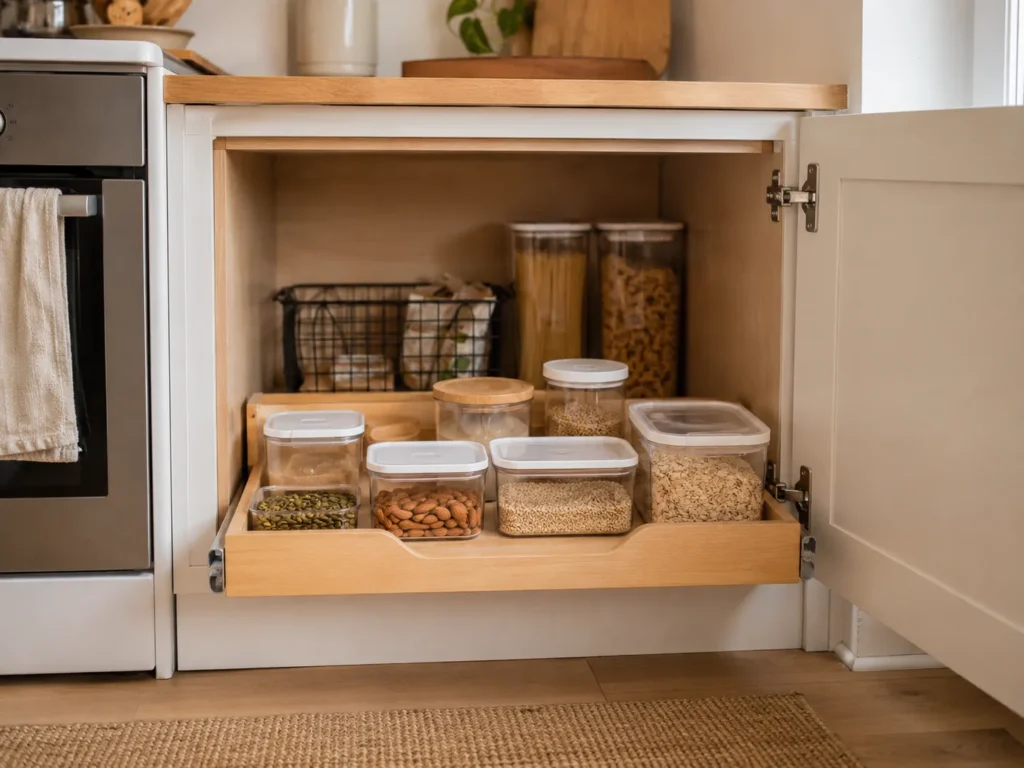 Open wooden lower cabinet drawer pulled out to display organized clear containers filled with nuts, seeds, and grains.