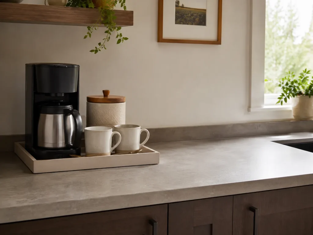 Concrete-look kitchen countertop with a neat tray holding a drip coffee maker, sugar canister, and two ceramic coffee mugs.