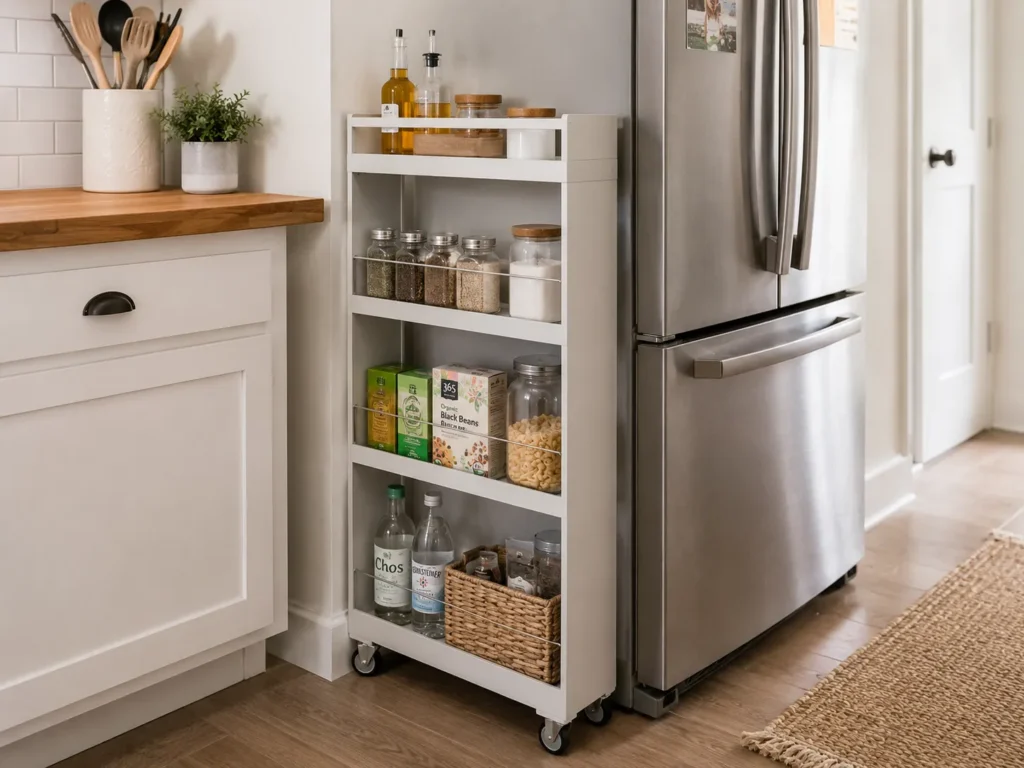 Slim white rolling storage cart packed with spices, dry goods, and bottles, fitted neatly into the narrow gap between a kitchen counter and a stainless steel refrigerator.