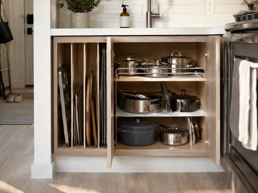 Open light wood base cabinet organized with narrow vertical slots for baking sheets on the left and stacked pots on the right.