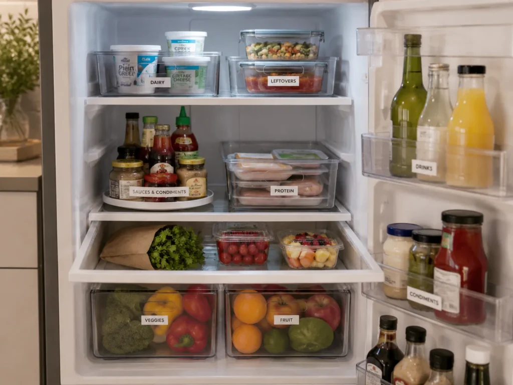 Open refrigerator showcasing clear storage bins labeled "Dairy," "Leftovers," "Protein," "Veggies," and "Fruit" for food organization.