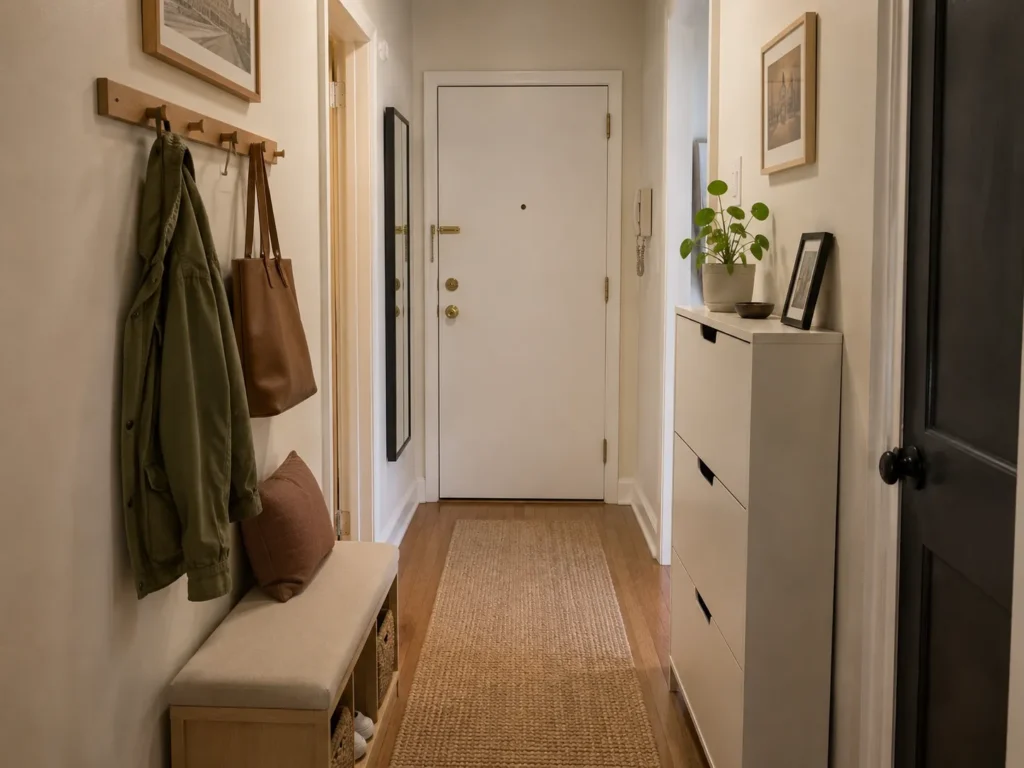 Narrow entry hallway with a wall-mounted coat rack, a padded shoe bench, a woven runner rug, and a slim white shoe storage cabinet.