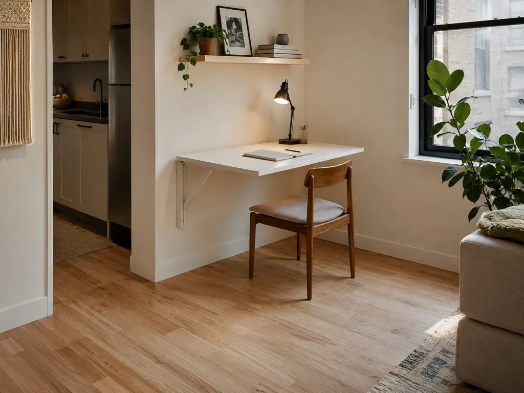 Compact home office nook with a wall-mounted drop-leaf desk, a wooden chair, and a desk lamp positioned next to a bright window.