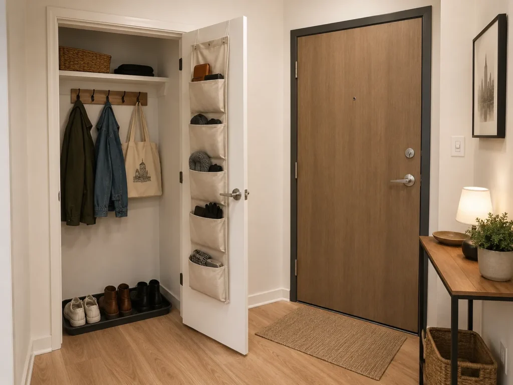 Open entryway closet with hanging jackets, shoes arranged on a floor mat, and a fabric hanging pocket organizer attached to the inside door.