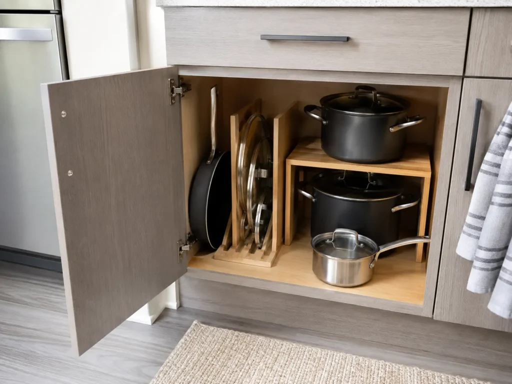 Open lower kitchen cabinet organized with a wooden pot lid rack, a shelf riser holding pots, and a small saucepan.