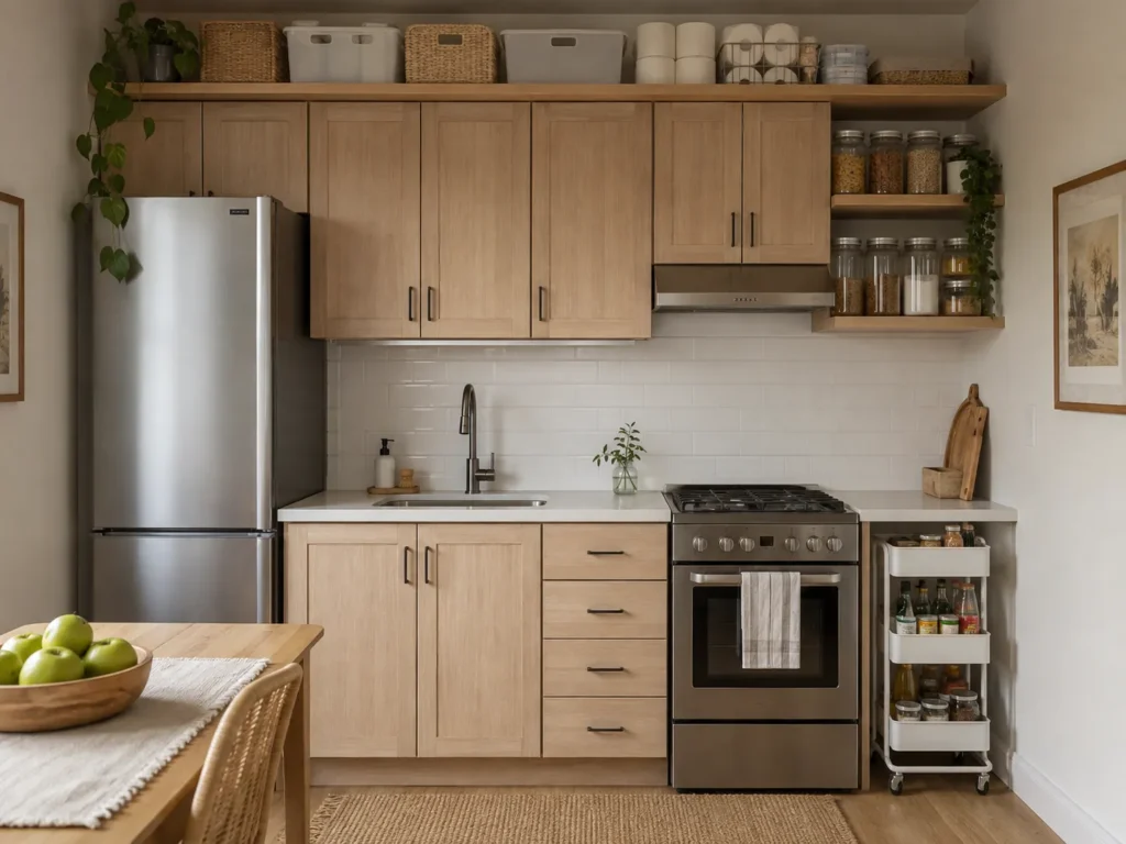 Wall of light wood kitchen cabinets featuring storage baskets aligned along the open top shelf above the refrigerator and upper cabinets.
