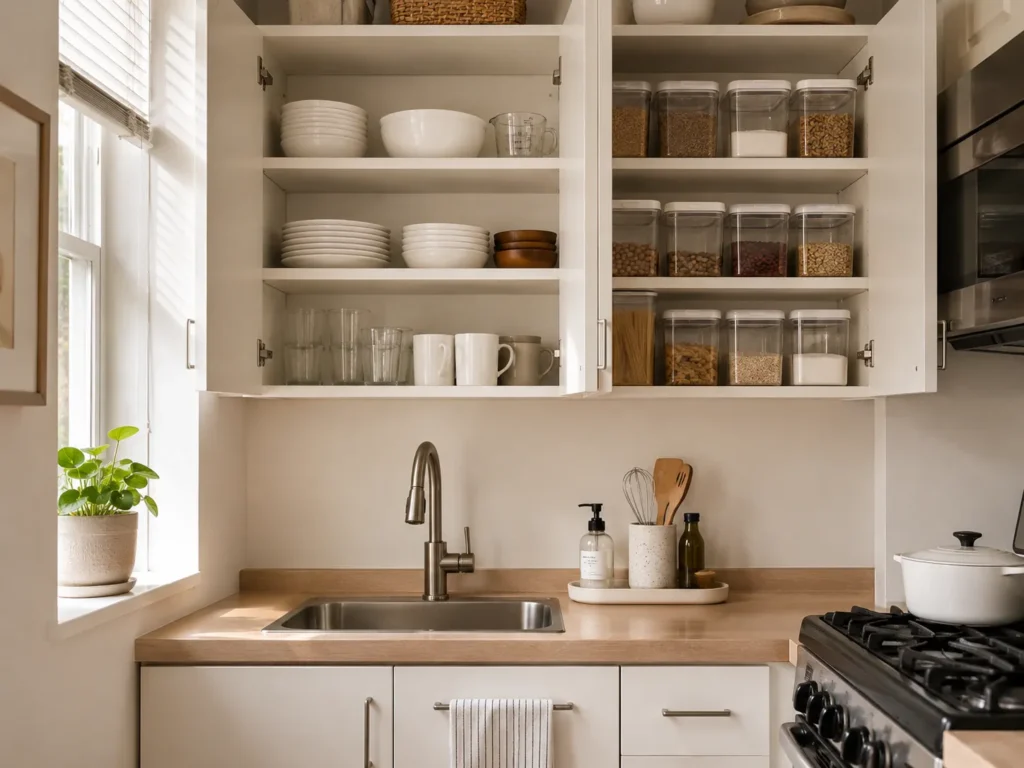 Upper white kitchen cabinets with open doors revealing neat rows of white dishes, glassware, and clear, labeled dry-food storage containers above the sink.