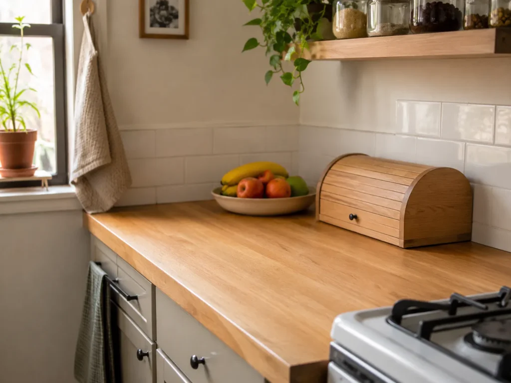 Natural butcher block kitchen counter featuring a wooden roll-top bread box, a bowl of fresh fruit, and open shelving above a white tiled backsplash.