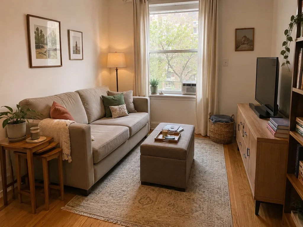 Cozy living room with a light beige sofa, fabric ottoman coffee table, wooden TV stand, nest of side tables, and a large window with soft curtains.