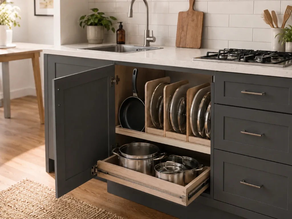 Dark grey base cabinet with a wooden pot lid organizer rack on the upper shelf and a pull-out drawer holding stainless steel pots below.