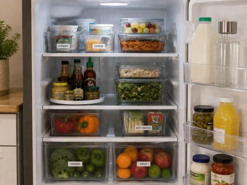 Organized refrigerator interior with clear plastic bins labeled "Yogurt," "Cheese," "Easy Snacks," "Veggies," and "Fruit."