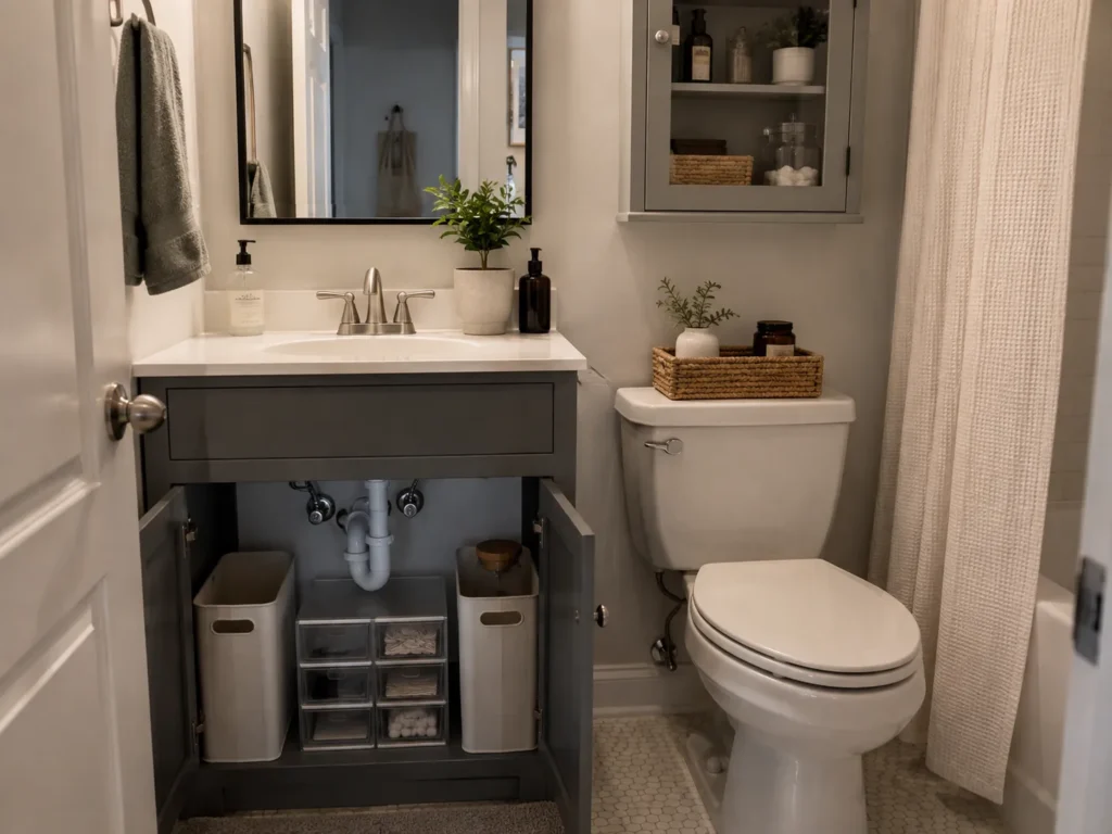 Small bathroom vanity with open cabinet doors showing organized storage bins and plastic drawers under the sink next to a white toilet.
