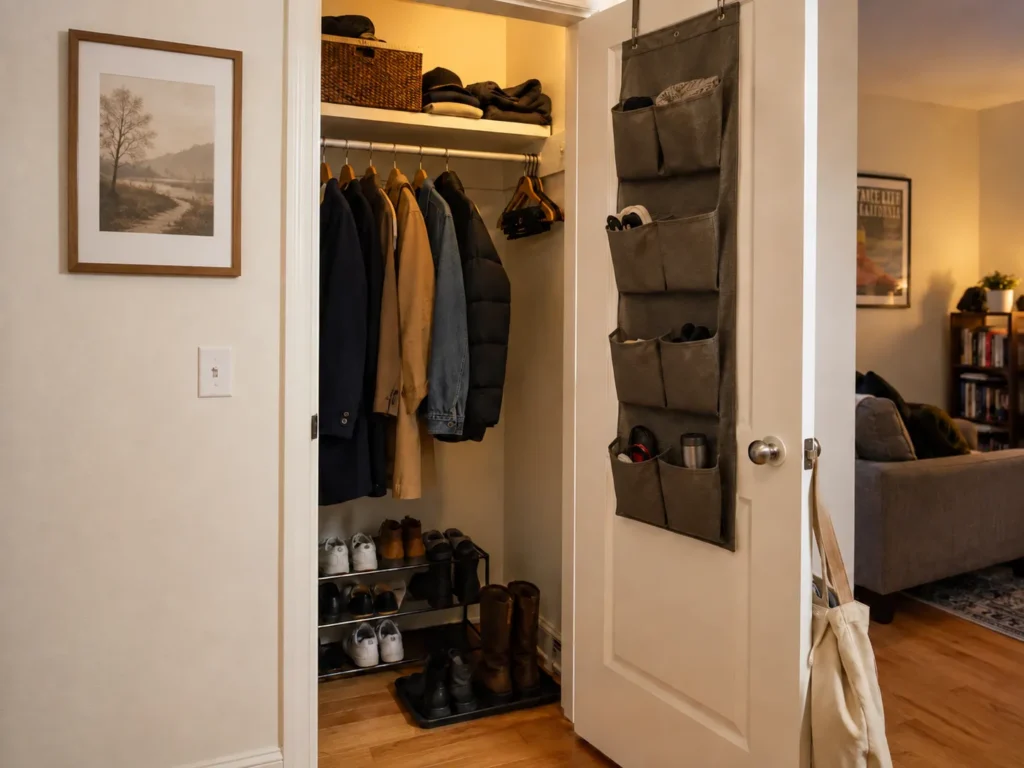 Open coat closet showcasing organized hanging jackets, a low metal shoe rack with footwear, and a fabric hanging organizer on the inside door.